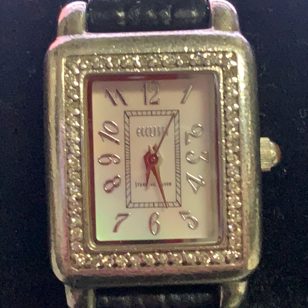 Ecclissi Sterling Silver Diamond Watch w/Black Leather Ban